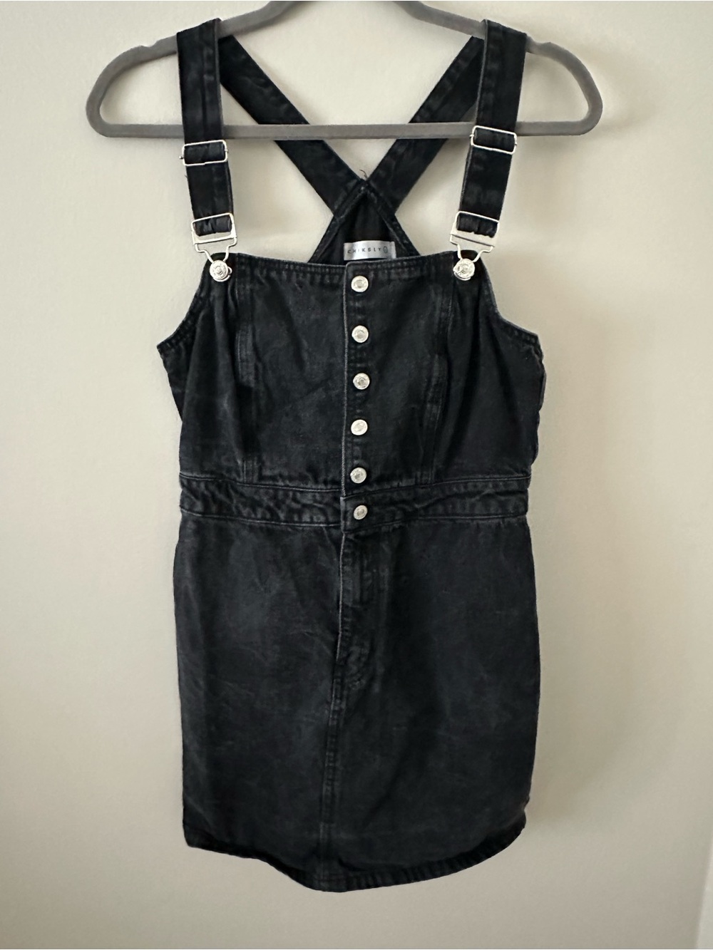 Black Denim Overall Mini Dress with Button Front